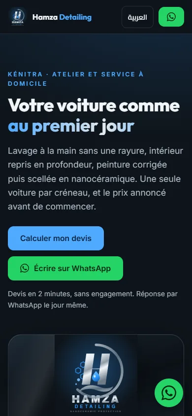 Hamza Detailing — page d’accueil sur mobile
