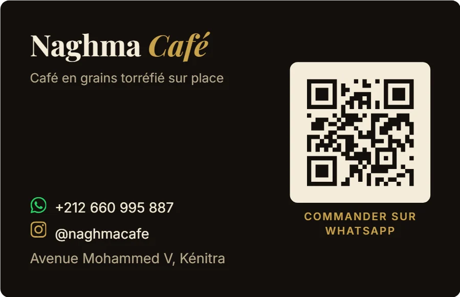 Carte de visite Naghma Café, verso français : contacts et QR WhatsApp
