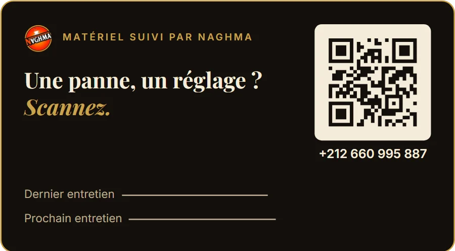 Sticker de maintenance Naghma Café : « Une panne, un réglage ? Scannez. »