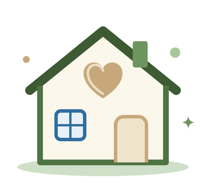 Illustration : une maison verte avec un cœur doré au centre