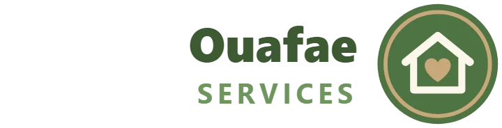 Logo d’Ouafae Services : le nom et une maison dans un cercle vert