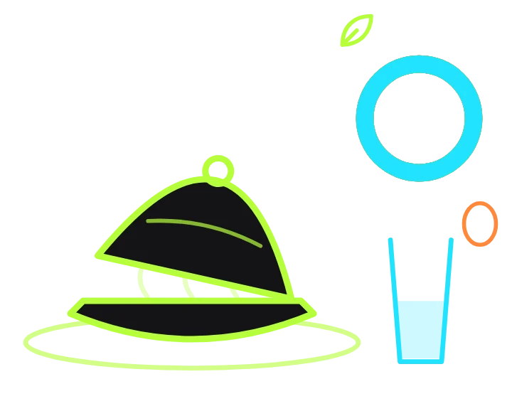 Illustration au trait néon : une cloche de service, un verre d’eau et une feuille