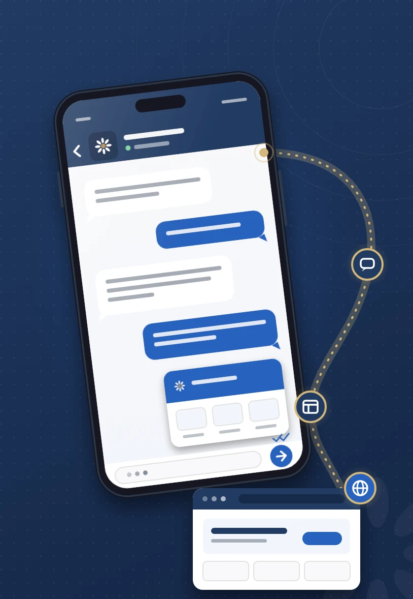 Illustration : une conversation sur téléphone, reliée par un fil doré au site mis en ligne