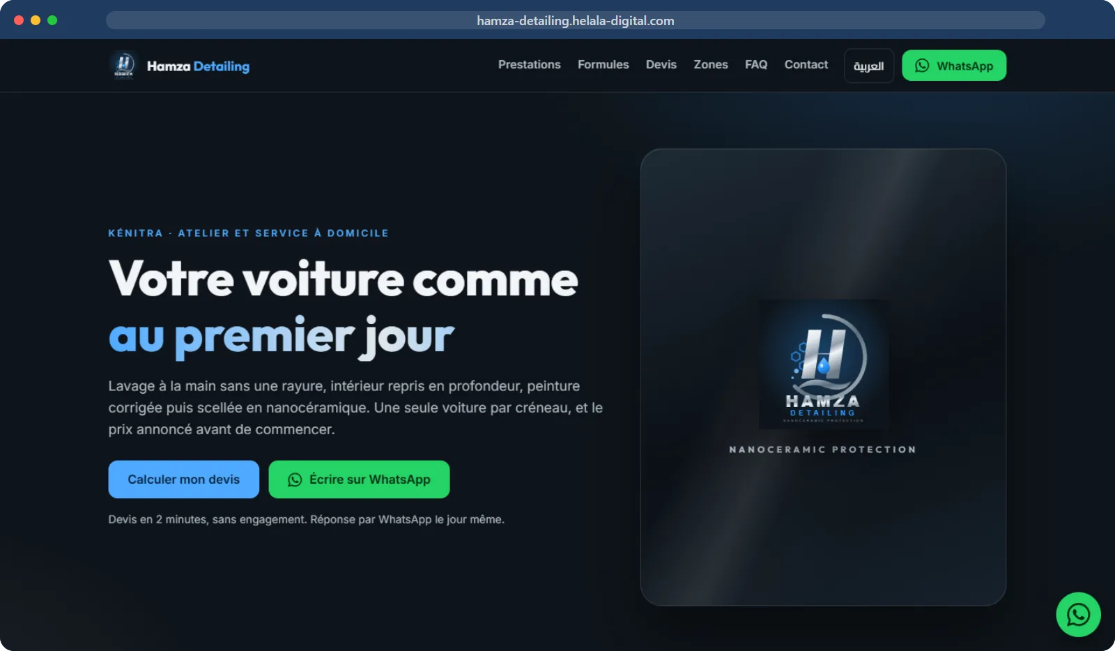 Accueil du site Hamza Detailing, réalisé par Helala Digital